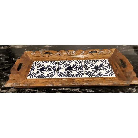 Handcrafted Wooden Tray With Blue & White Ceramic Bird Tiles - Picture 2 of 3